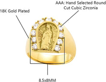 Load image into Gallery viewer, 18K Yellow Gold Plated Horseshoe Lady of Guadalupe Virgin Mary with Round Cut Cubic Zirconia Women&#39;s Girl&#39;s Religious Ring Comes with Gift Box (5)
