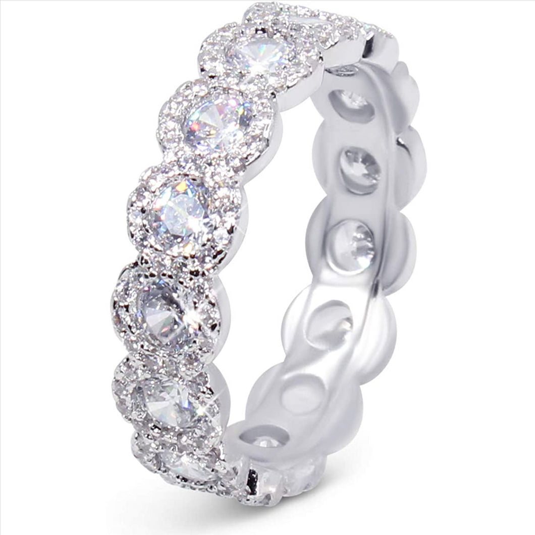 18K White Gold Plated Cubic Zirconia Round Cut Eternity Ring Band for Women & Girls