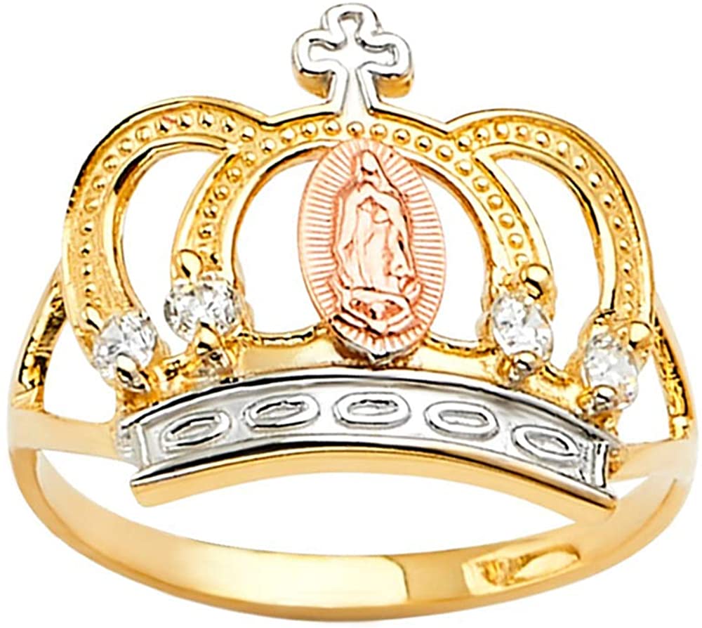 18K Gold Plated Yellow White & Rose Tri Color Lady of Guadalupe Virgin Mary with Crown & Cross Round Cut Cubic Zirconia Women's Girl's Religious Ring Comes with Gift Box