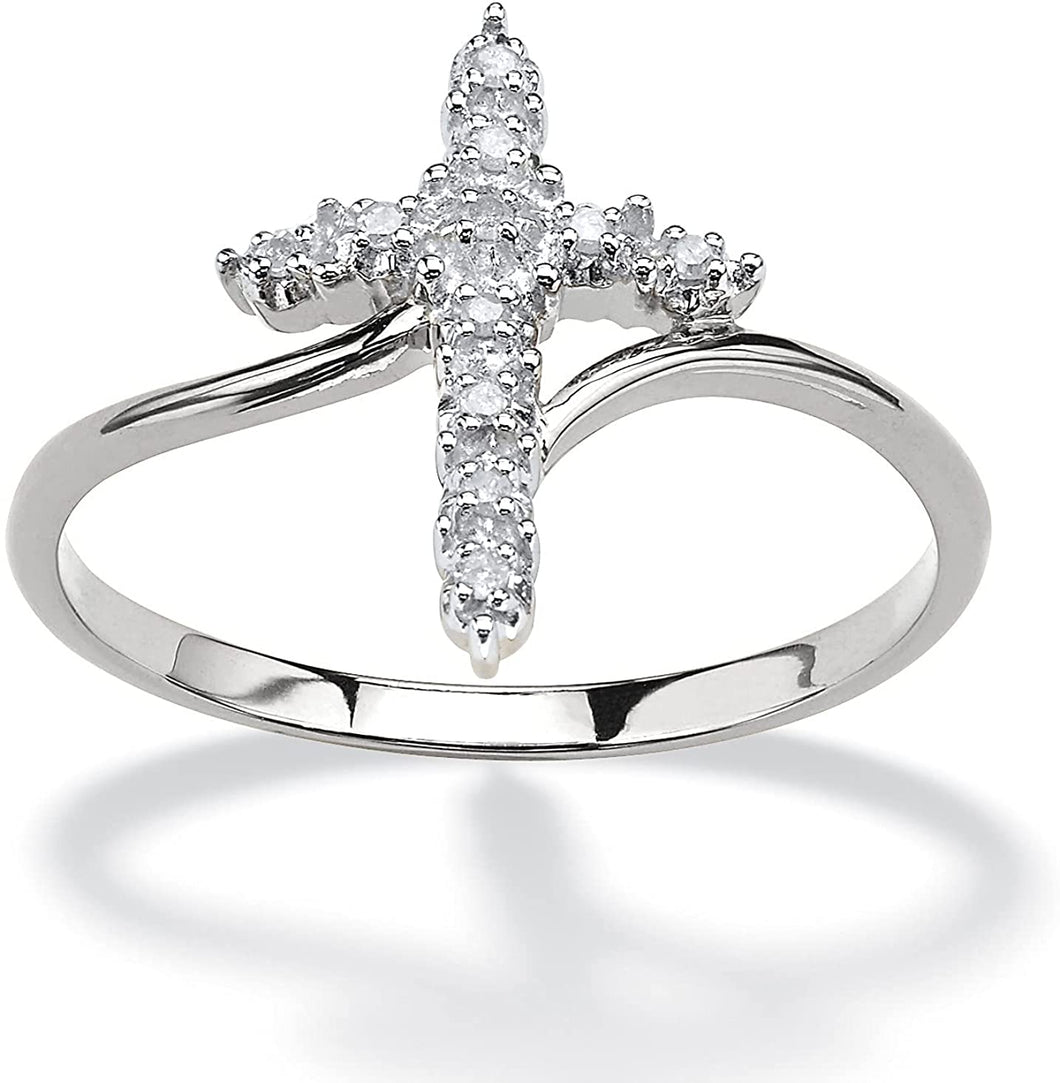 18K White Gold Plated Round Cut Cubic Zirconia Accent Vertical Cross Bypass Band Ring Women's Girl's Religious Ring