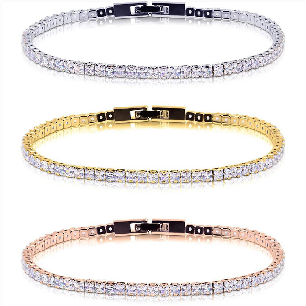 3 Pack White, Yellow, Rose 14K Gold Plated Cubic Zirconia Princess Cut 3MM Classic Tennis Bracelet For Women