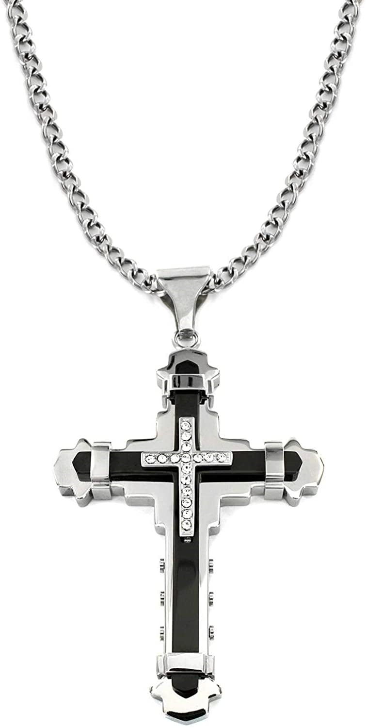 Stainless Steel Black & Silver Color Cubic Zirconia Cross Pendant 24 inch Cuban Chain Necklace for Men