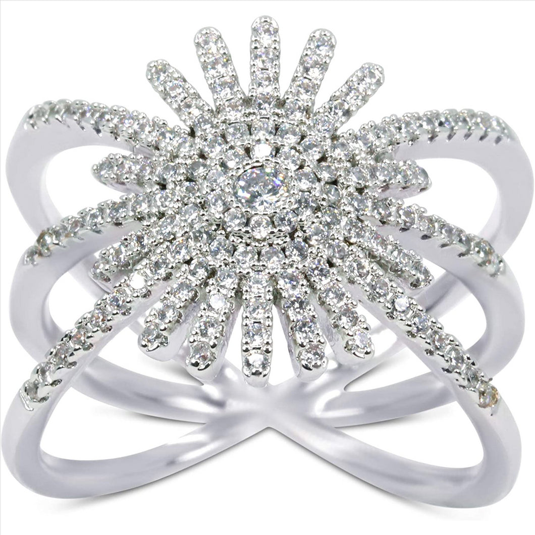 18K White Gold Plated Cubic Zirconia Starburst Ring for Women & Girls