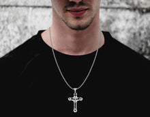 Load image into Gallery viewer, Stainless Steel Black &amp; Silver Color Cubic Zirconia Cross Pendant 24 inch Cuban Chain Necklace for Men
