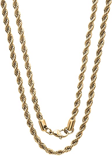 4mm Stainless Steel Gold Color Rope Twist Necklace Chain for Men & Women Comes in 16-30 inches (16, 4mm)