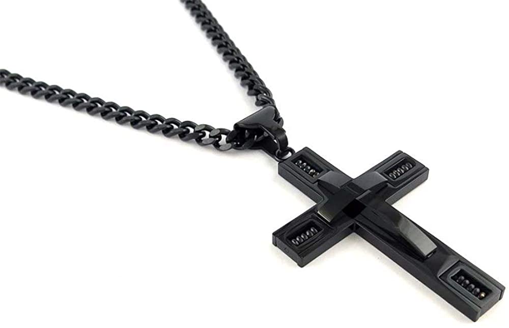 Stainless Steel Black Color Cross Pendant 24 inch Cuban Chain Necklace for Men