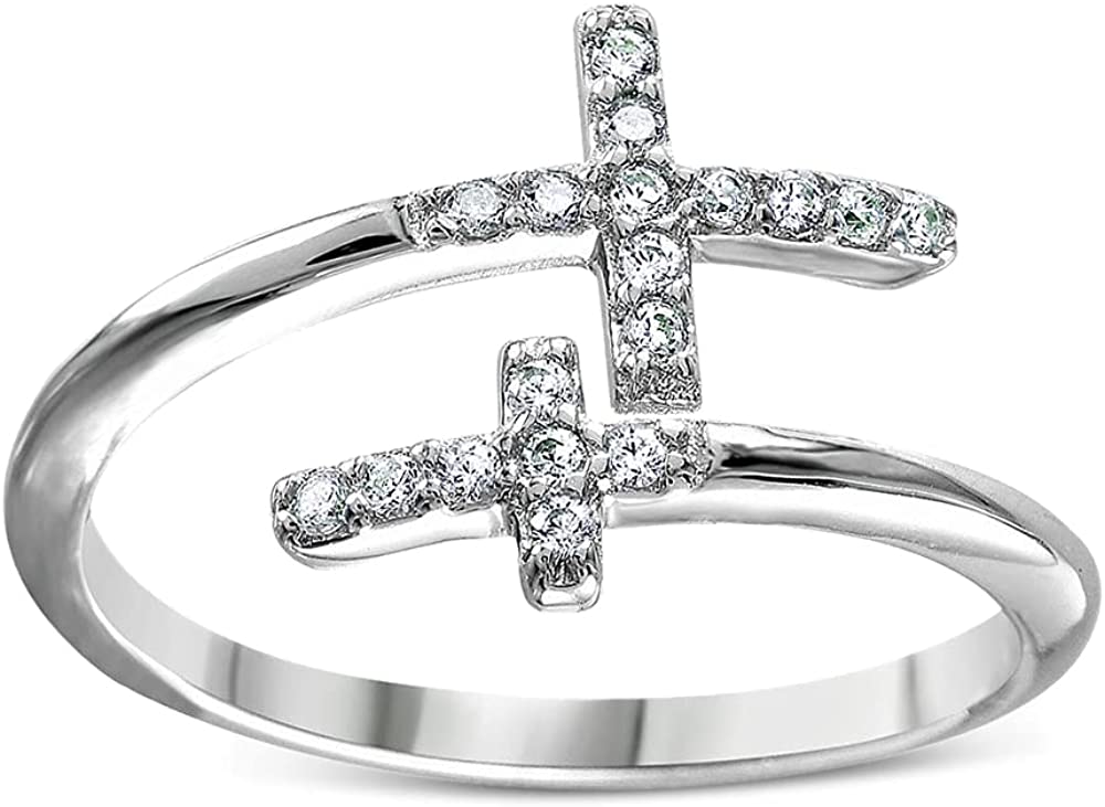 18K White Gold Plated Round Cut Cubic Zirconia Double Sideways Cross Band Ring Women's Girl's Religious Ring