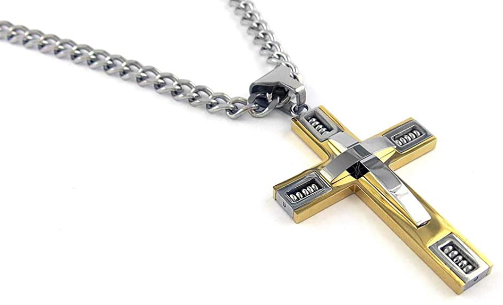 Stainless Steel Gold & Silver Color Cross Pendant 24 inch Cuban Chain Necklace for Men