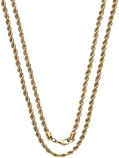 2.5mm Stainless Steel Gold Color Rope Twist Necklace Chain for Men & Women Comes in 16-30 inches (16, 2.5mm)