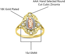 Load image into Gallery viewer, 18K Gold Plated Yellow White &amp; Rose Tri Color Lady of Guadalupe Virgin Mary with 4 Round Cut Cubic Zirconia Women&#39;s Girl&#39;s Religious Ring Comes with Gift Box
