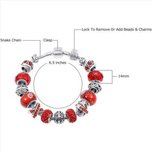 Load image into Gallery viewer, Silver Tone Charm Bracelet With Red Crystal And Murano Glass Beads Snake Chain For Women &amp; Girls
