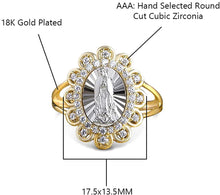 Load image into Gallery viewer, 18K Yellow &amp; White Gold Plated Oval Lady of Guadalupe Virgin Mary with Round Cut Cubic Zirconia Women&#39;s Girl&#39;s Religious Floral Ring Comes with Gift Box
