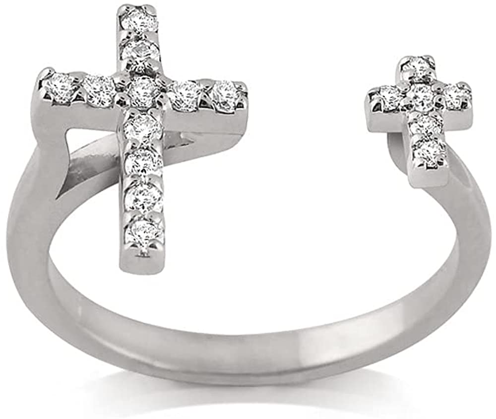 18K White Gold Plated Round Cut Cubic Zirconia Double Vertical Cross Open Band Ring Women's Girl's Religious Ring