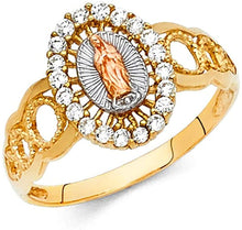 Load image into Gallery viewer, 18K Gold Plated Yellow White &amp; Rose Tri Color Lady of Guadalupe Virgin Mary with Round Cut Cubic Zirconia Women&#39;s Girl&#39;s Religious Ring Comes with Gift Box
