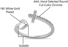 Load image into Gallery viewer, 18K White Gold Plated Round Cut Cubic Zirconia Sideways Cross and Heart Open Band Ring Women&#39;s Girl&#39;s Religious Ring
