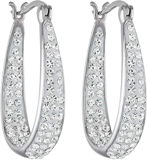 Inside Out Oval Shape Crystal Hoop Earrings For Women & Girls (White Gold)