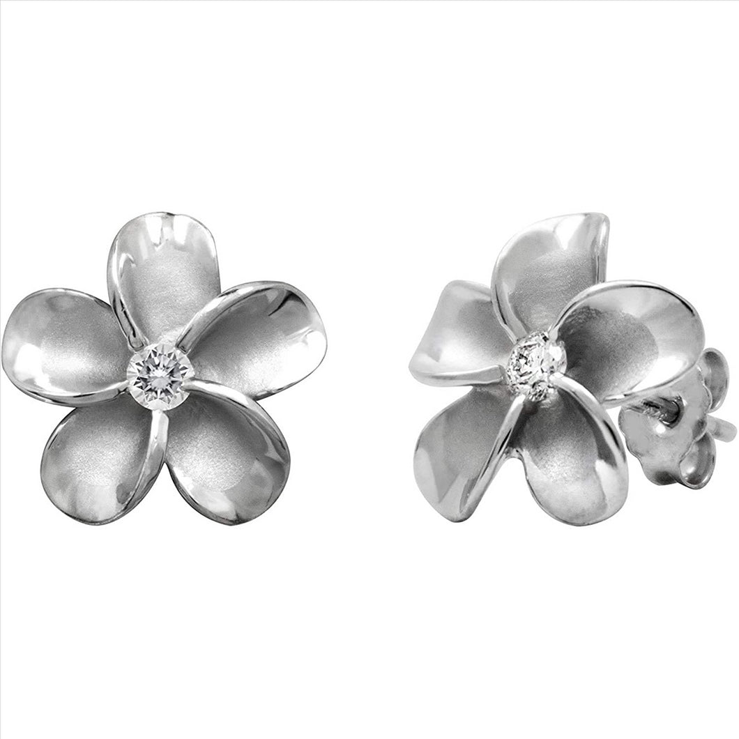 14K White Gold Plated Cubic Zirconia Round Cut Flower Stud Earrings For Women & Girls