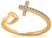 Load image into Gallery viewer, 18K Yellow Gold Plated Round Cut Cubic Zirconia Sideways Cross and Heart Open Band Ring Women&#39;s Girl&#39;s Religious Ring
