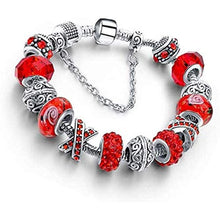 Load image into Gallery viewer, Silver Tone Charm Bracelet With Red Crystal And Murano Glass Beads Snake Chain For Women &amp; Girls
