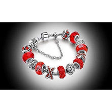 Load image into Gallery viewer, Silver Tone Charm Bracelet With Red Crystal And Murano Glass Beads Snake Chain For Women &amp; Girls
