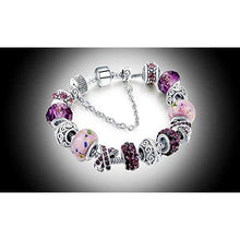 Load image into Gallery viewer, Silver Tone Charm Bracelet With Purple Crystal And Murano Glass Beads Snake Chain For Women &amp; Girls
