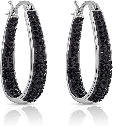 14K White Gold Plated Inside Out Crystal Hoop Earrings For Women & Girls (Black)