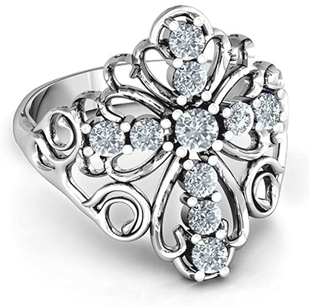 18K White Gold Plated Round Cut Cubic Zirconia Filigree Cross Ring Women's Girl's Religious Ring Comes with Gift Box