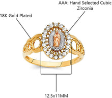 Load image into Gallery viewer, 18K Gold Plated Yellow White &amp; Rose Tri Color Lady of Guadalupe Virgin Mary with Round Cut Cubic Zirconia Women&#39;s Girl&#39;s Religious Ring Comes with Gift Box
