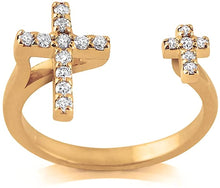 Load image into Gallery viewer, 18K Yellow Gold Plated Round Cut Cubic Zirconia Double Vertical Cross Open Band Ring Women&#39;s Girl&#39;s Religious Ring
