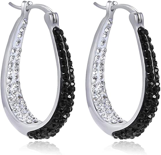 14K White Gold Plated Inside Out Crystal Hoop Earrings For Women & Girls (Black-White)