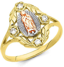 Load image into Gallery viewer, 18K Gold Plated Yellow White &amp; Rose Tri Color Lady of Guadalupe Virgin Mary with 4 Round Cut Cubic Zirconia Women&#39;s Girl&#39;s Religious Ring Comes with Gift Box
