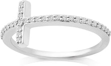 Load image into Gallery viewer, 18K White Gold Plated Round Cut Cubic Zirconia Sideways Cross Band Ring Women&#39;s Girl&#39;s Religious Ring
