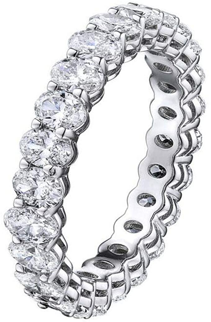 18K White Gold Plated Cubic Zirconia Oval Cut Eternity Ring Band for Women & Girls