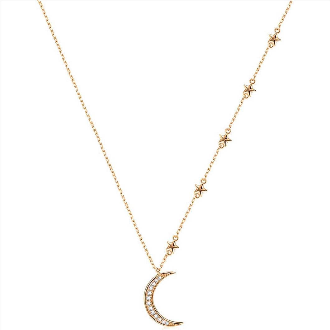 14K Yellow Gold Plated Cubic Zirconia Round Cut Moon & Stars 18 Inches Pendant Chain Necklace for Women & Girls