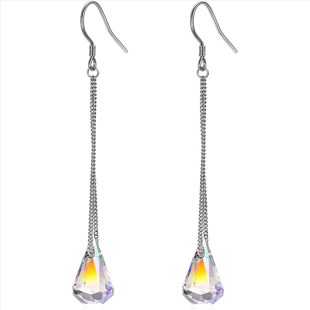 14k White Gold Plated Aurora Borealis Austrian Rainbow Multicolor Crystal Tear Drop Pear Cut Dangle Earrings For Women & Girls