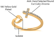 Load image into Gallery viewer, 18K Yellow Gold Plated Round Cut Cubic Zirconia Sideways Cross and Heart Open Band Ring Women&#39;s Girl&#39;s Religious Ring
