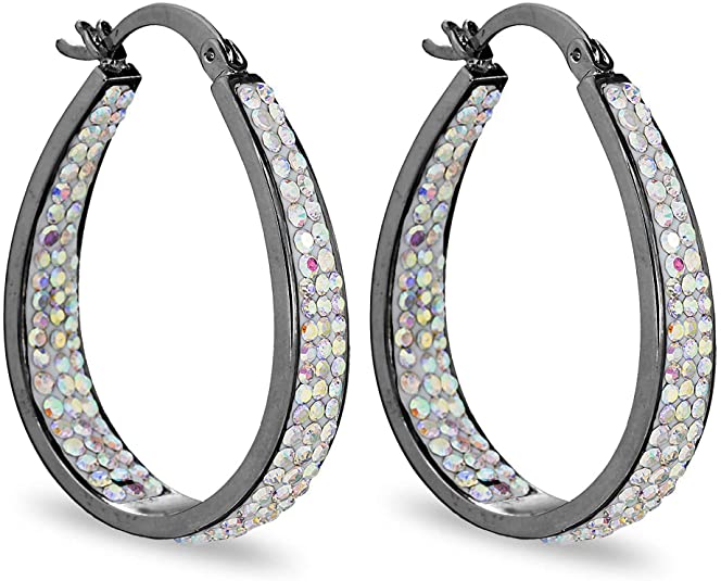 Inside Out Oval Shape Crystal Hoop Earrings For Women & Girls (Gun Metal)