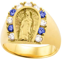 Load image into Gallery viewer, 18K Yellow Gold Plated Horseshoe Lady of Guadalupe Virgin Mary with Round Cut White &amp; Blue Cubic Zirconia Women&#39;s Girl&#39;s Religious Ring Comes with Gift Box
