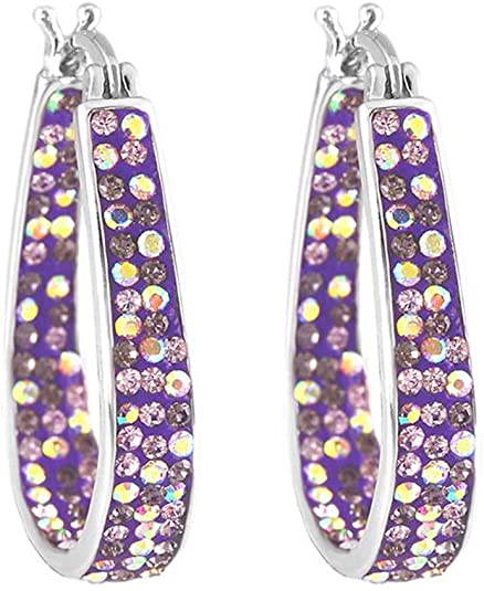 14K White Gold Plated Inside Out Crystal Hoop Earrings For Women & Girls (Purple)