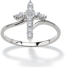 Load image into Gallery viewer, 18K White Gold Plated Round Cut Cubic Zirconia Accent Vertical Cross Bypass Band Ring Women&#39;s Girl&#39;s Religious Ring
