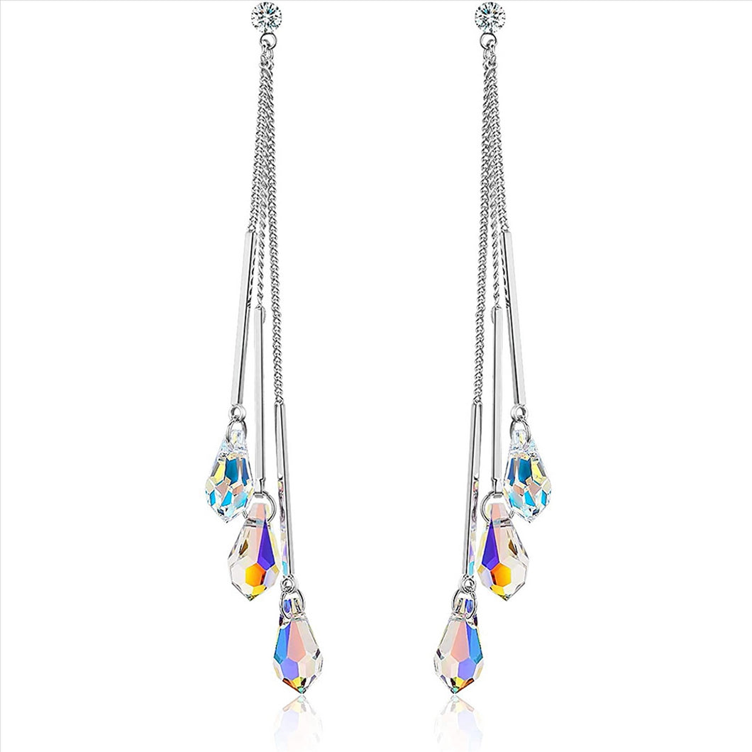 14k White Gold Plated Aurora Borealis Drop Tear Cut Austrian Rainbow Multicolor Crystal Tear Drop Cut Stud Dangle Earrings For Women & Girls