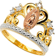 Load image into Gallery viewer, 18K Gold Plated Yellow &amp; Rose Color Lady of Guadalupe Virgin Mary with Round Cut Cubic Zirconia Women&#39;s Girl&#39;s Religious Crown Ring Comes with Gift Box (5)
