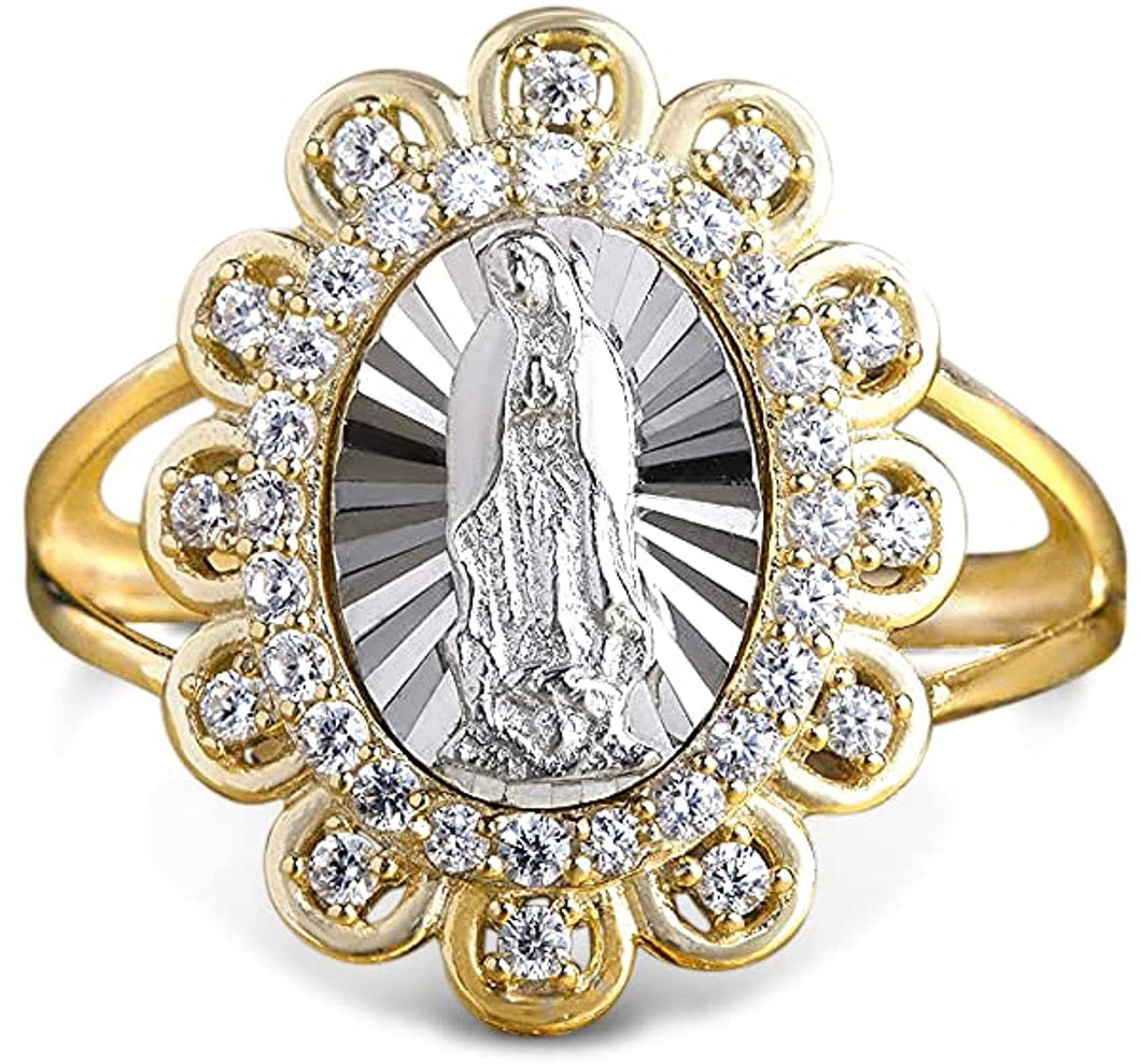 18K Yellow & White Gold Plated Oval Lady of Guadalupe Virgin Mary with Round Cut Cubic Zirconia Women's Girl's Religious Floral Ring Comes with Gift Box