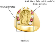 Load image into Gallery viewer, 18K Yellow Gold Plated Horseshoe Lady of Guadalupe Virgin Mary with Round Cut White &amp; Red Cubic Zirconia Women&#39;s Girl&#39;s Religious Ring Comes with Gift Box
