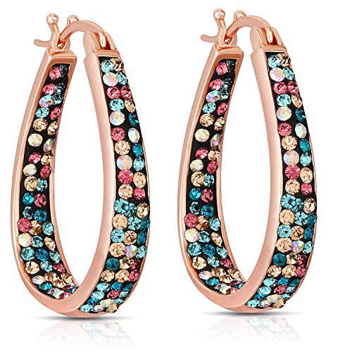 Inside Out Oval Shape Crystal Hoop Earrings For Women & Girls (Rose Gold Multicolor)