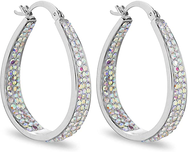 14K White Gold Plated Inside Out Crystal Hoop Earrings For Women & Girls (Aurora Borealis)