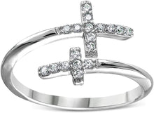 Load image into Gallery viewer, 18K White Gold Plated Round Cut Cubic Zirconia Double Sideways Cross Band Ring Women&#39;s Girl&#39;s Religious Ring
