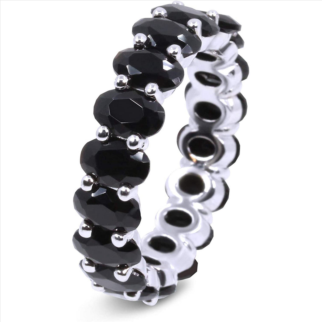 18K White Gold Plated Black Cubic Zirconia Oval Cut Eternity Ring Band for Women & Girls