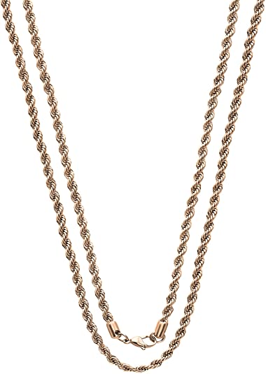 2mm Stainless Steel Rose Gold Color Rope Twist Necklace Chain for Men & Women Comes in 16-30 inches (16, 2mm)