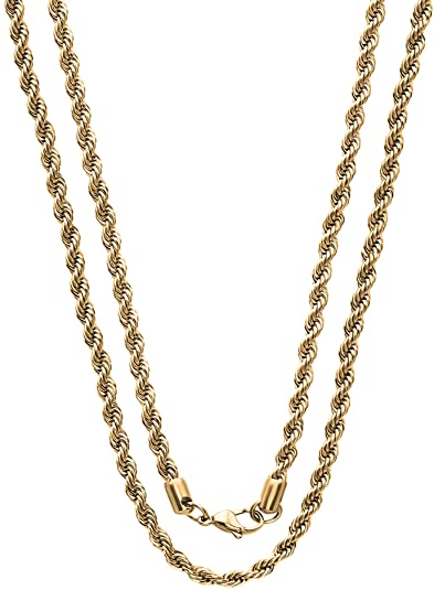 3mm Stainless Steel Gold Color Rope Twist Necklace Chain for Men & Women Comes in 16-30 inches (16, 3mm)